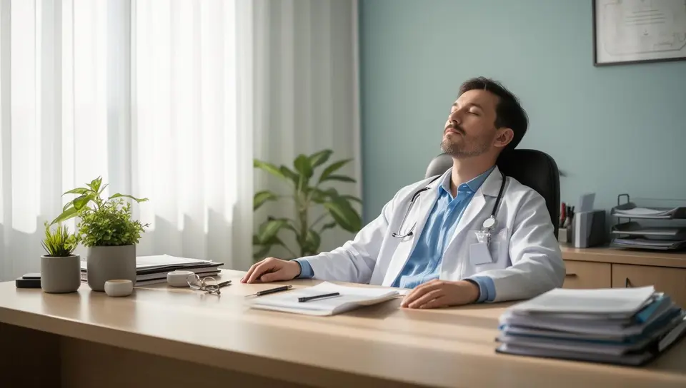 Physician in a white coat resting at a desk beside stacks of paperwork in a sunlit clinic office